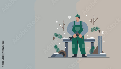 Mechanic in uniform and hardhat holding wrench in snowy industrial setting Winter service illustration