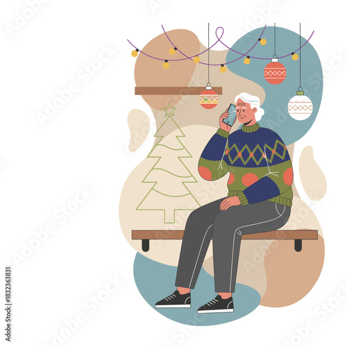 Senior woman in festive sweater calls on smartphone amidst Christmas decorations and lights