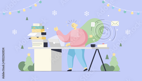 Excited professional finishing tasks during holiday season showing thumbsup and productivity