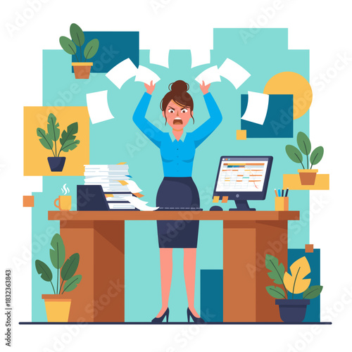 Burnout Angry employee throwing papers frustrated by excessive workload and office stress