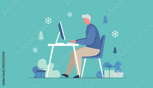 Older man works or shops online at a desk surrounded by winter holiday elements and gifts