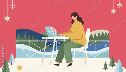 Remote work in a winter landscape Woman uses laptop on balcony decorated for holidays
