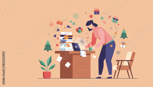 Businesswoman juggling high work deadlines and holiday preparations during the busy Christmas season