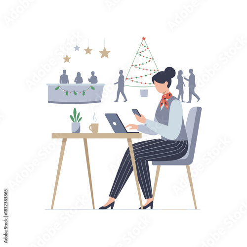 Holiday work Professional woman uses phone and laptop in a festive lobby