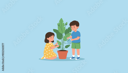 Happy children watering a large houseplant in a pot Ecology nature care and growth concept
