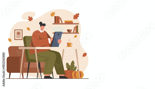Person enjoys tablet and coffee in a cozy autumn interior decorated with pumpkins