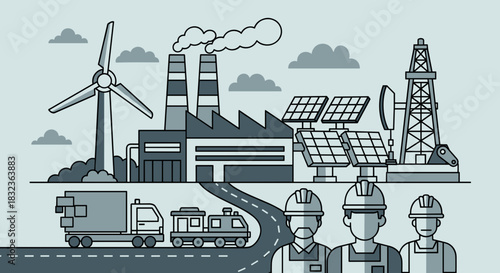 Industry illustration factory renewable and fossil energy logistics and engineers