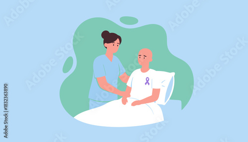 Compassionate nurse supports sad bald patient in hospital bed Cancer care and recovery concept