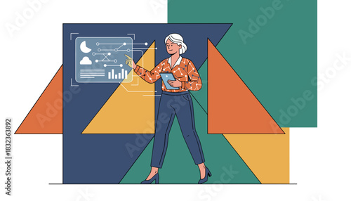 Woman interacting with virtual screen analyzing data for business technology and analytics