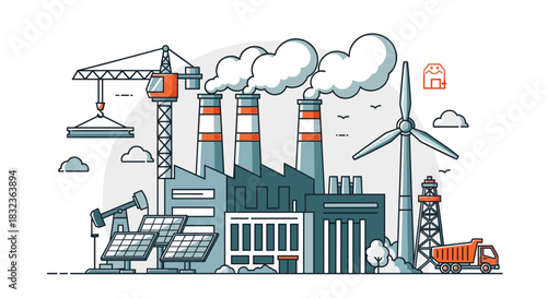 Industrial complex illustration factory crane oil solar panels and wind power for energy and construction concepts