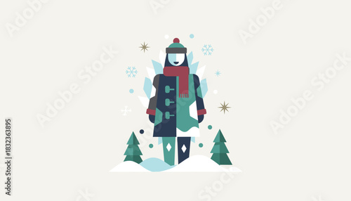 Cheerful character in a duffle coat and scarf standing in a stylized winter landscape with snow and trees