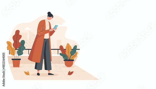 Casual woman uses phone on a city terrace with autumn plants urban lifestyle illustration