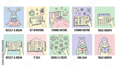 Daily routines set for selfcare and productivity journaling reflection tracking growth and finding calm