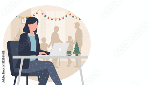 Woman working remotely on a laptop during the holiday season balancing business tasks and family time