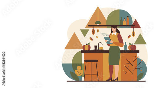 Woman using tablet in a modern kitchen with autumn decor Business technology and cozy seasonal lifestyle