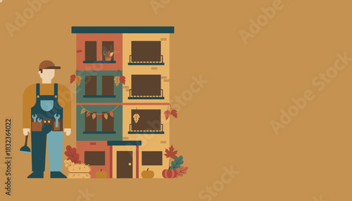 Handyman illustration outside autumn apartment building with ample copy space for text