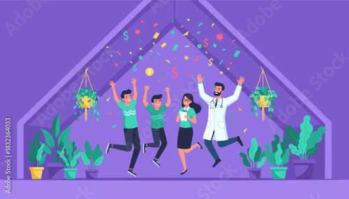 Celebratory team success with doctor jumping for joy under falling money and confetti Healthcare business win