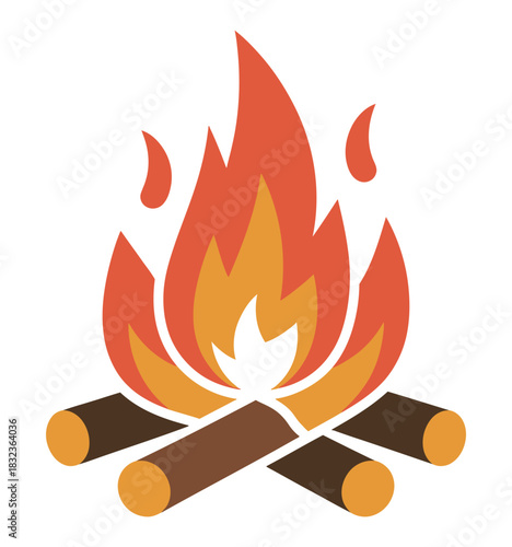 Illustration of a campfire with orange and red flames and brown logs stacked up on transparent background