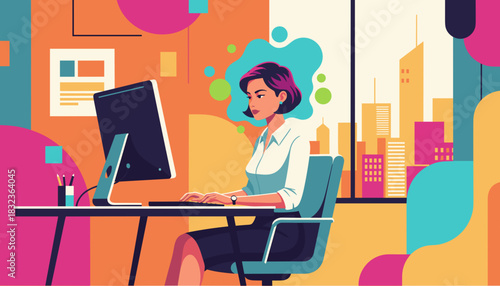 Dynamic businesswoman working on desktop computer in a modern colorful city office