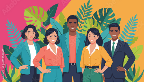 Diverse team of five smiling professionals standing against a vibrant tropical foliage background