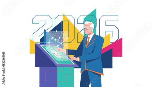 Senior executive plans future strategy for 2026 using a futuristic data interface