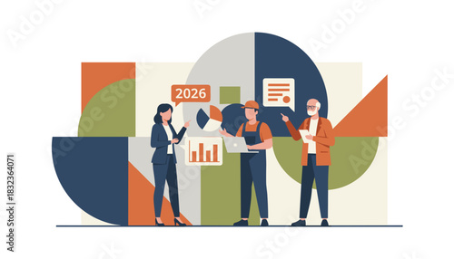 Diverse business team analyzing charts and planning future strategy and project goals for 2026