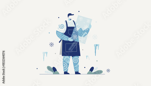 Ice worker holding snowflake panel Flat illustration of cold services winter maintenance or frozen business