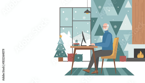 Senior man works remotely on computer in cozy winter holiday home office flat vector illustration
