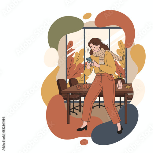 Anxious woman reads bad news on phone in fall office setting Autumn anxiety stress and technology use