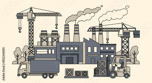 Industrial factory complex illustration with cranes truck and forklift Manufacturing and global logistics