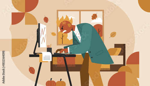 Frustrated man overwhelmed by work stress and bad data experiencing burnout in an autumn office