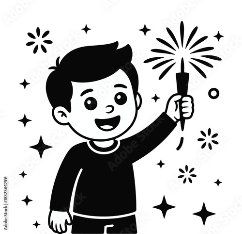 Cartoon boy holding a sparkler surrounded by stars in black and white style on transparent background