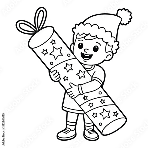 A boy in a santa hat holds a large star decorated cracker coloring page style