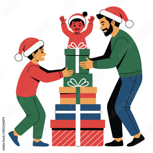 Father and sons stacking christmas presents wearing santa hats illustration on transparent background