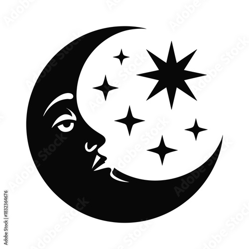 Illustration of a crescent moon with a face surrounded by several stars