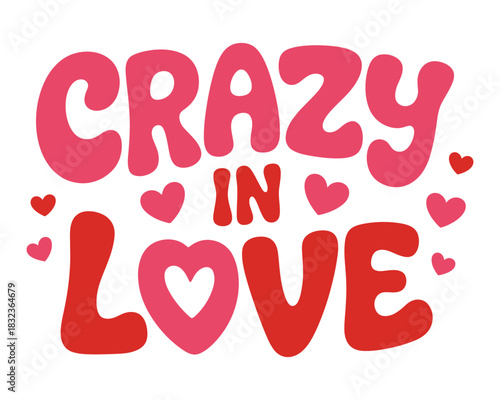 Illustration of crazy in love text with hearts in pink and red on white background on transparent background