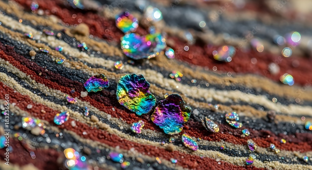 Fototapeta premium Rainbow-colored water droplets on a multicolored striped surface viewed from a close-up perspective