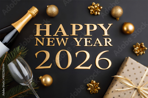 Elegant Happy New Year 2026 celebration with champagne and golden decorations.
