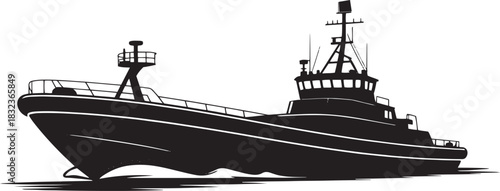 Black Silhouette of a Fishing Trawler Boat on White Background fishing boat vessel