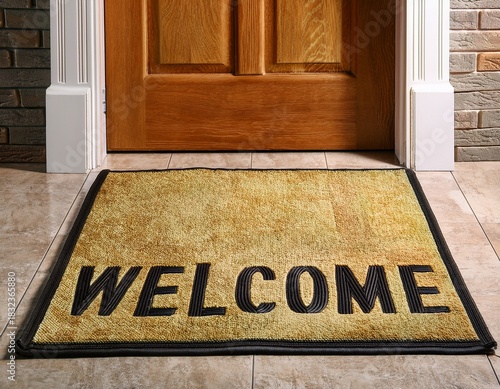 a mat for wiping shoes in front of the door with inscription welcome