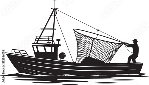 Commercial fishing trawler with fisherman and net silhouette boat
