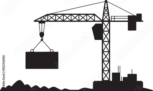 Construction Crane Lifting Load Silhouette on White Background building industry