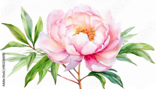 peony flower watercolor drawing gentle pink bloom on a stem with green leaves white background