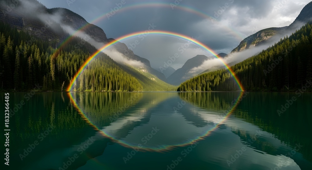 Fototapeta premium A serene lake surrounded by mountains and lush greenery under a cloudy sky with a double rainbow encircling the scenery