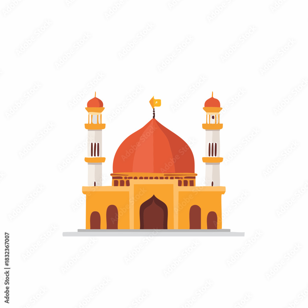 Naklejka premium Colorful cartoon illustration of a mosque with a dome and minarets against a white background.