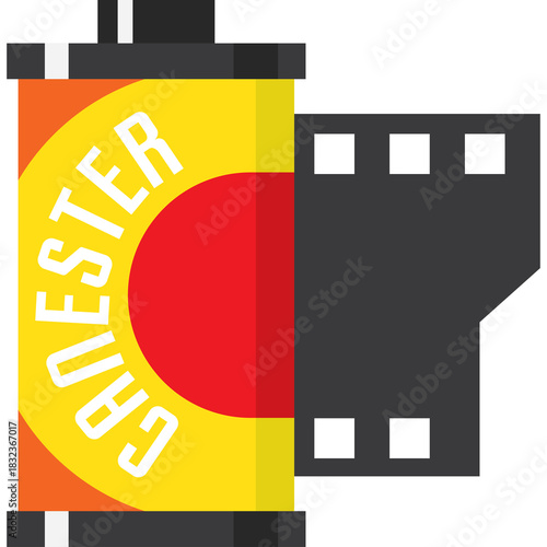 Retro Film Roll With Text In Circle On Yellow Background And Black Film Strip Beside It Isolated On White Background