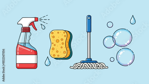 Cleaning doodle set – spray bottle, sponge, mop, bubbles & housekeeping illustrations
