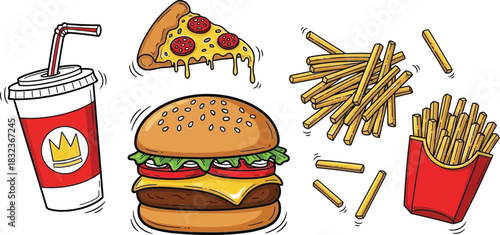 Fast food doodle set – burger, pizza, fries, soda & snack illustrations