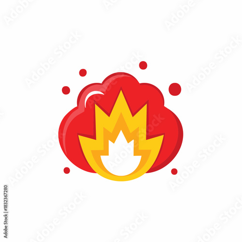 Cartoon fire and explosion graphic with red smoke cloud and yellow flames