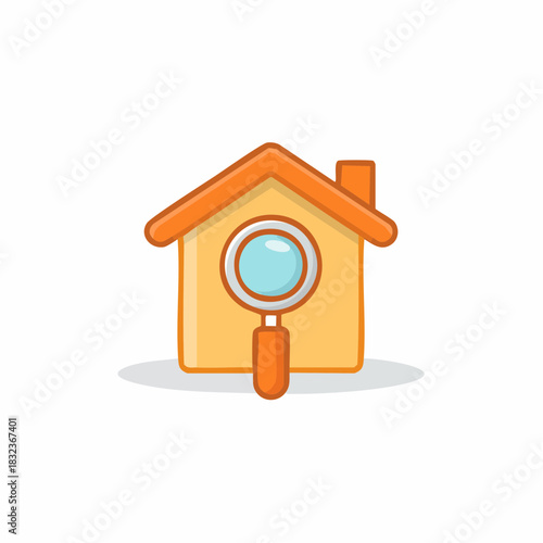 Cartoon illustration of a house with magnifying glass concept search